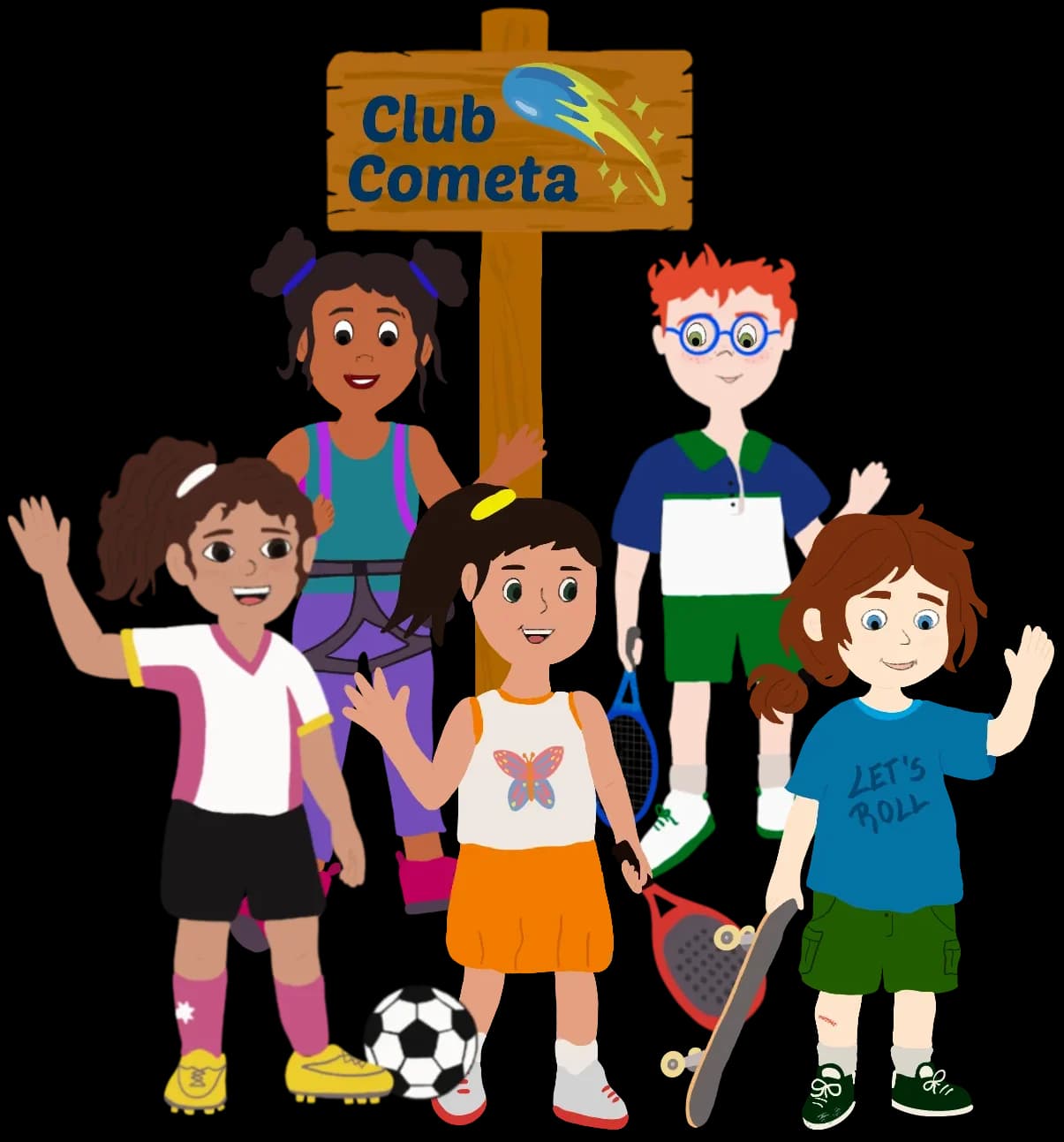 Personajes del Club Cometa: chicos practicando fútbol, pádel, tenis y skate